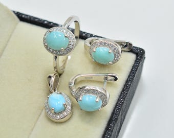 Set di gioielli in larimar naturale taglio ovale da 8 x 6 mm, argento sterling 925, pietra portafortuna di marzo, set di gioielli vistosi, set di gioielli da sposa, regalo per lei