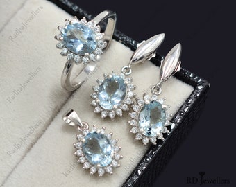 Natural Aquamarine Jewelry Set, 925 Sterling Silver, March Birthstone, Ring Earrings Pendant Jewelry Set, Wedding Jewelry Set, Gift For Her