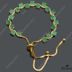 9ct. Natural Green Emerald\ 925 Solid Silver\ Gold Vermeil\ Adjustable Tie Bracelet\ May Birthstone\ Christmas Gift\ Pretty Emerald Bracelet