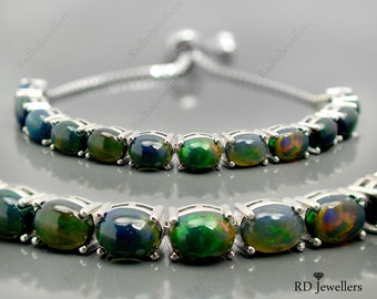 10.6ct. Natural Black Opal Welo\ 925 Solid Silver\ Adjustable Bolo Bracelet\ Rainbow Fire Black Opal Bracelet\ Gift for Her\ Bridal Jewelry