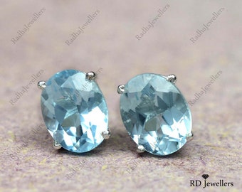 Natural Blue Topaz, Blue Topaz Stud Earring, Topaz Stud, 925 Sterling Silver, Gemstone Stud, Blue Topaz Jewelry, Dainty Post Stud Earrings