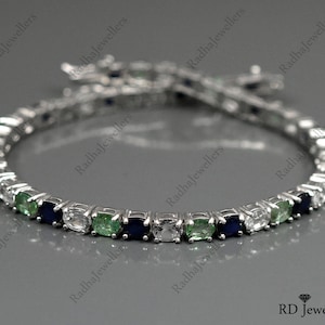 Natural Multi Gemstone Bracelet, 925 Sterling Silver, Tennis Bracelet, Blue Sapphire Zambian Emerald White Topaz Bracelet, Gift For Her Mom