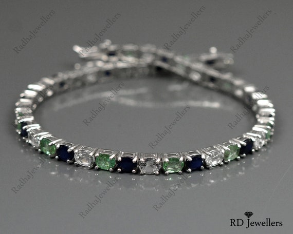 Sterling Silver Genuine Emerald or Sapphire And White Topaz Tennis Bracelets Sterling Silver Genuine Emerald or Sapphire And White Topaz Tennis Bracelets