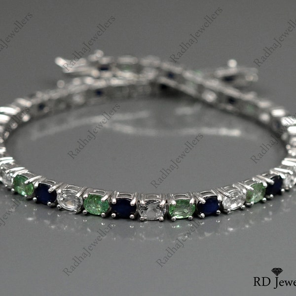 Natural Multi Gemstone Bracelet, 925 Sterling Silver, Tennis Bracelet, Blue Sapphire Zambian Emerald White Topaz Bracelet, Gift For Her Mom