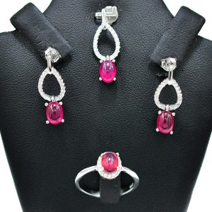 Natural Ruby Cabochon Jewelry Set, 925 Sterling Silver, July Birthstone, Ruby Ring Earrings Pendant Set, Wedding Jewelry Set, Gift For Her