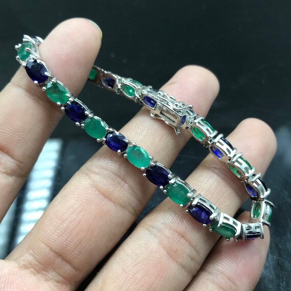 7 x 5 MM 天然サファイア＆ザンビア産エメラルドブレスレット、925 