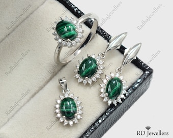 Natural Malachite Jewelry Set, 925 Sterling Silver, May Birthstone, Malachite Jewelry, Ring Earrings Pendant Jewelry Set, Bridal Jewelry Set