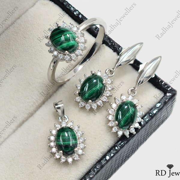 Parure de bijoux en malachite naturelle, Argent sterling 925, Pierre de naissance de mai, Bijoux en malachite, Parure de bijoux pendants de boucles d'oreilles, Parure de bijoux de mariée