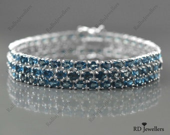 Natural London Blue Topaz Bracelet, 925 Sterling Silver, Topaz Tennis Bracelet, Three Line Bracelet, Gemstone Bracelet, December Birthstone