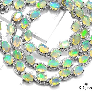 Natural Opal Cut Necklace, Ethiopian Opal Chain Necklace, 925 Sterling Silver, Opal Tennis Necklace, October Birthstone, Necklace For Women