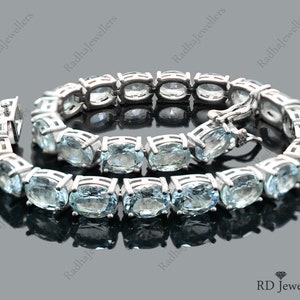Natural Aquamarine Bracelet, Tennis Bracelet, 925 Sterling Silver, March Birthstone, Gemstone Bracelet, Aquamarine Jewelry, Gift For Her