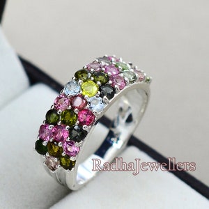 Natural Multi Tourmaline Ring, 925 Sterling Silver, Tourmaline Jewelry, October Birthstone, Half Eternity Ring, Colorful Ring, Gift For Her