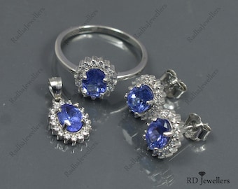Conjunto de joyas de plata 925, conjunto de joyas de tanzanita natural, conjunto de joyas de piedras preciosas, conjunto de joyas de collar, pendientes y anillo de tanzanita, regalo de aniversario