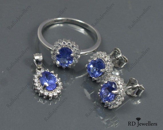 925 Silver Jewelry Set, Natural Tanzanite Jewelry Set, Gemstone Jewelry Set, Tanzanite Ring Earring Necklace Jewelry Set, Anniversary Gift