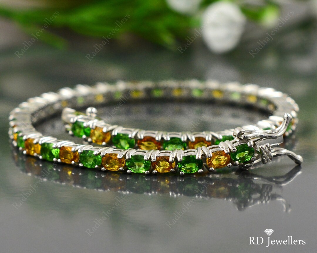Natural Yellow Sapphire & Tsavorite Green Garnet Bracelet, 925