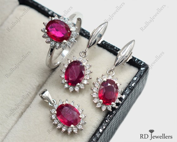 925 Sterling Silver Natural Ruby Jewelry Set July Birthstone