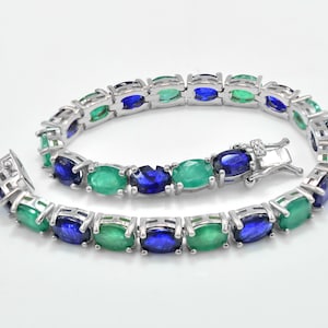 7x5 MM Natural Sapphire & Zambian Emerald Bracelet, 925 Sterling Silver, Tennis Bracelet, Statement Bracelet, Anniversary Gift, Gift For Her