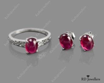 Rubí cabujón natural de 6 x 8 mm, plata de ley 925, piedra natal de julio, conjunto de pendientes y anillo de rubí rosa, conjunto de joyas para mujer, regalo para ella