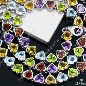 5mm Heart Natural Peridot Garnet Blue Topaz Citrine Amethyst Multi Stone Necklace, 925 Sterling Silver, Chain Necklace, Wedding Necklace