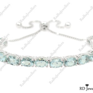 Aquamarine Bracelet\ 925 Sterling Silver\ Natural Aquamarine\ Adjustable Bolo Bracelet\ March Birthstone\ Tie Bracelet\ Gift For Her