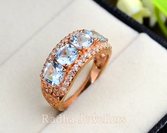 Gemstone Silver Ring\ Natural Aquamarine Ring\ 925 Sterling Silver\ 14K Rose Gold Vermeil\ March Birthstone\ Bridal Ring\ Engagement Ring