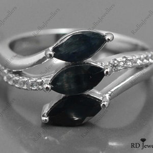 Natural Black Sapphire Ring, 925 Sterling Silver, Three Stone Ring, September Birthstone, Black Sapphire Jewelry, Cluster Ring, Gift For Her