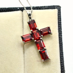 Octagon Cut Natural Red Garnet Pendant, 925 Sterling Silver, January Birthstone, Holy Cross Pendant, Charm Pendant Necklace, Gift For Her