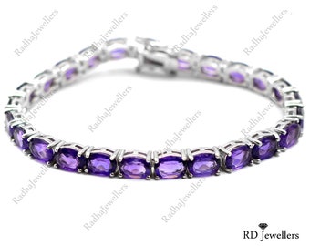 Bracelet en argent massif avec CZ et Améthyste quartz, plaqué rhodium