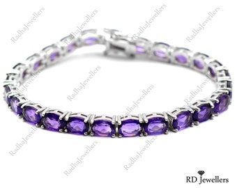 Unisex Bracelet, 925 Sterling Silver, Natural Amethyst Bracelet, Tennis Bracelet, Amethyst Silver Jewelry, Gift For Her, February Birthstone