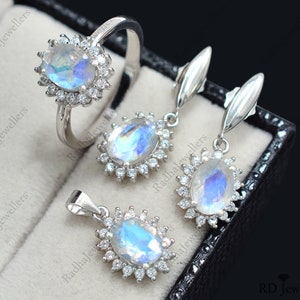 925 Sterling Silver, Natural Rainbow Moonstone Jewelry Set, June Birthstone, Ring Earrings Pendant, Wedding Jewelry Set, Gift For Girlfriend
