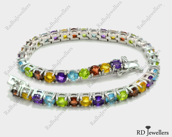ブレスレット SILVER925 MANY STONE DESIGN BRACELET 4 MM Round Natural Multi Stone Bracelet, 925 Sterling Silver