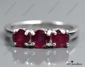 Anello con rubino rosso naturale, argento sterling 925, anello con rubino, anello con tre pietre, anello con pietra rossa, anello di promessa, anello di fidanzamento, regalo per compleanno