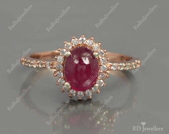 Natuurlijke robijnrode cabochonring, robijnrode sieraden, 925 sterlingzilveren ring, statementring, 14K roségouden platingring, edelsteenring, cadeau voor haar