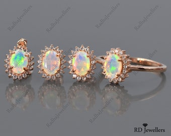 Natural Opal Cut Jewelry Set\ 925 Sterling Silver Jewelry Set\ Opal Ring\ Opal Earring\ Opal Pendant\ Ethiopian Opal\Women Ring\Gift For Her