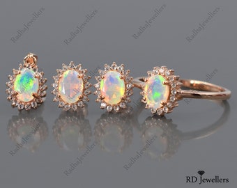 Conjunto de joyas de corte de ópalo natural\ Conjunto de joyas de plata de ley 925\ Anillo de ópalo\ Pendiente de ópalo\ Colgante de ópalo\ Ópalo etíope\ Anillo de mujer\ Regalo para ella