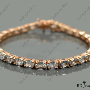 Natural Aquamarine Bracelet\ 925 Sterling Silver\ 14K Rose Gold Plating\ Aquamarine Jewelry\ Tennis Bracelet\ Wedding Bracelet\ Gift Fir Her
