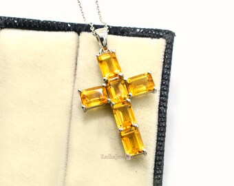 Collier Croix Rétro Or Avec Strass Citrine | Bijou Brillant Vintage | Très Bon État