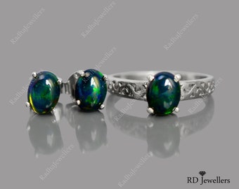 Black Natural Opal\ 925 Sterling Silver\ Fire Black Opal Jewelry Set\ October Birthstone\ Ring Earring Set\ Christmas Gift\ Women Jewelry