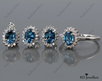 Natural London Blue Topaz Ring Earring Pendant Jewelry Set\ 925 Sterling Silver\ Solitaire Ring\ December Birthstone\ Gift For Her