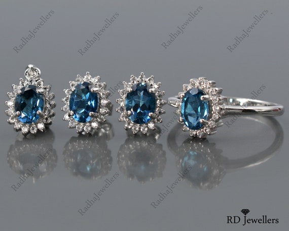 Natural London Blue Topaz Ring Earring Pendant Jewelry Set | Etsy