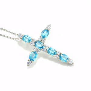 Natural Cambodian Blue Zircon Pendant Necklace, 925  Sterling Silver, Holy Cross Pendant, Charm Pendant, December Birthstone, Gift For Her