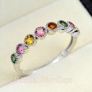 Natural Multi Color Tourmaline Ring, Half Eternity Band, 925 Sterling Silver, Wedding Ring, October Birthstone, Statement Ring, Gift For Her