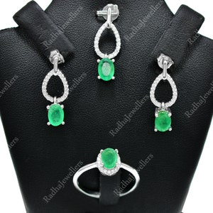 Natural Zambian Emerald Jewelry Set, 925 Sterling Silver, May Birthstone, Emerald Earrings Pendant Ring Jewelry Set, Dainty Jewelry Set