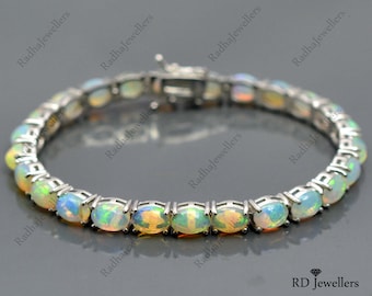 Natural Opal Bracelet, 925 Sterling Silver, Fire Opal, Tennis Bracelet, Wedding Gift, White Opal Jewelry, Gift For Her, October Birthstone