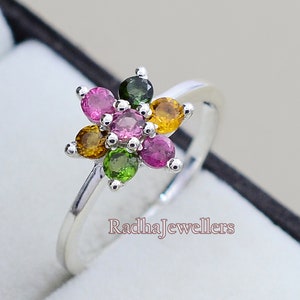 Natural Multi Color Tourmaline Ring, 925 Sterling Silver, Cluster Ring, Tourmaline Jewelry, October Birthstone, Engagement Ring,Gift For Her