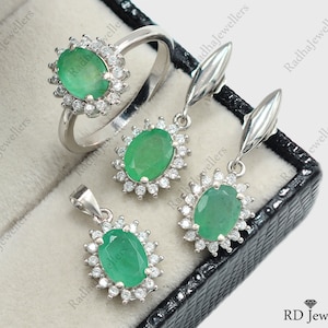 Natuurlijke smaragd sieraden set, 925 sterlingzilver, oorbellen ring hanger sieraden set, mei geboortesteen, smaragd sieraden, verjaardagscadeau voor haar