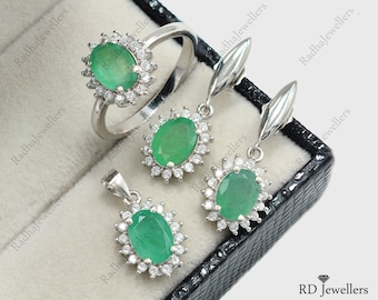 Conjunto de joyas de esmeralda natural, plata de ley 925, conjunto de joyas con pendientes, anillo y colgante, piedra natal de mayo, joyas de esmeralda, regalo de cumpleaños para ella