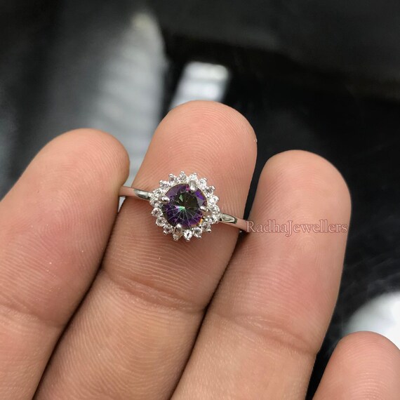 925 Silber Ring Damen Mit Regenbogen Topas & Zirkonia – 3,6 Ct, Größe 49,3–62, Verlobungsring