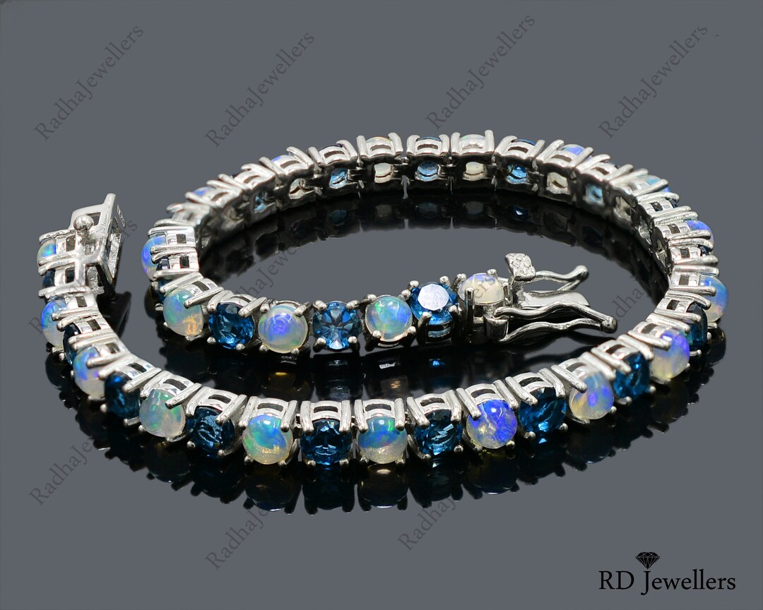 Natural London Blue Topaz & Opal Cabochon Bracelet, 925 Sterling Silver ...