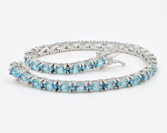 Blue Zircon Tennis Bracelet, Natural Cambodia Blue Zircon Bracelet, 925 Sterling Silver, December Birthstone, Wedding Bracelet, Gift For Her